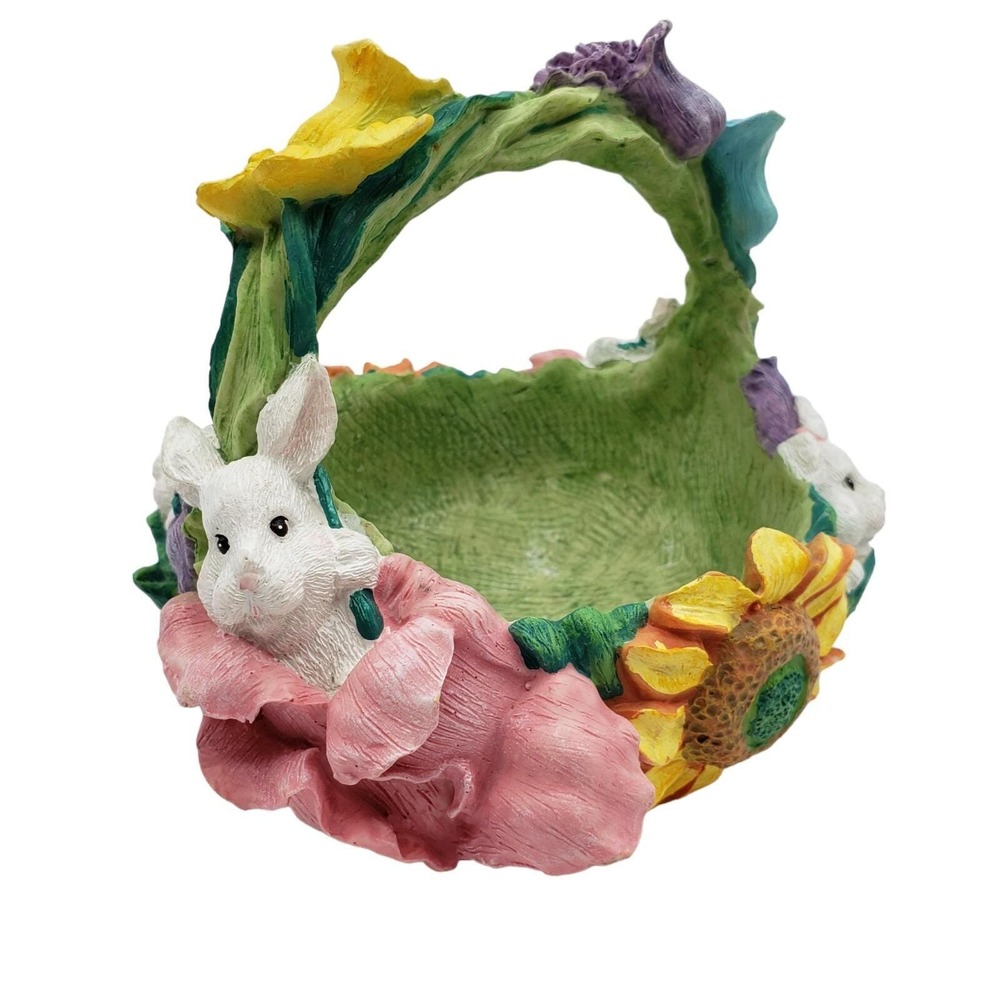 Vintage Resin Easter Bunny Basket with Flowers Sunflowers GREAT Details Colorful - Picture 2 of 9